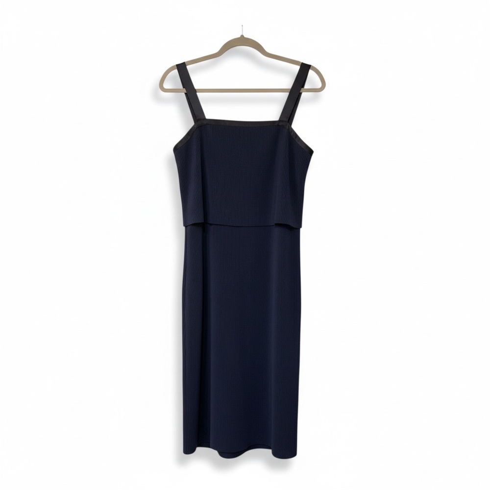 🔻Club Monaco Navy Pleated Midi Dress Silk Strap Layered Bodice Size 0